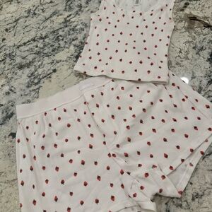 Skims White Tank and boxer Shorts Set with Red Strawberry Print